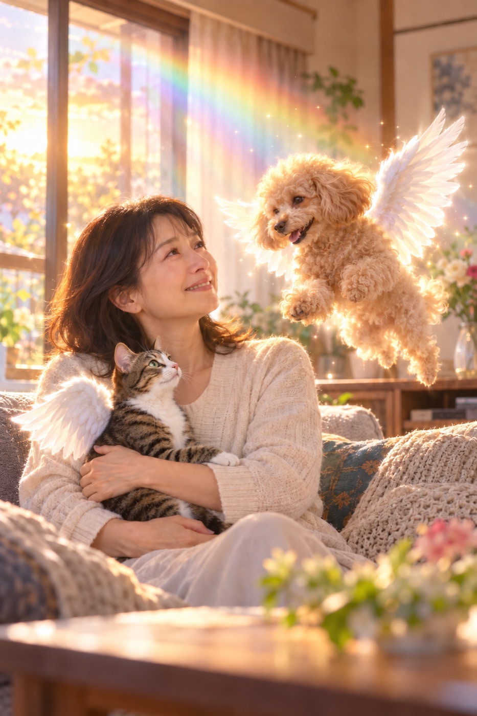 天使の羽をつけた猫を抱く女性と、会いに来たトイプードル